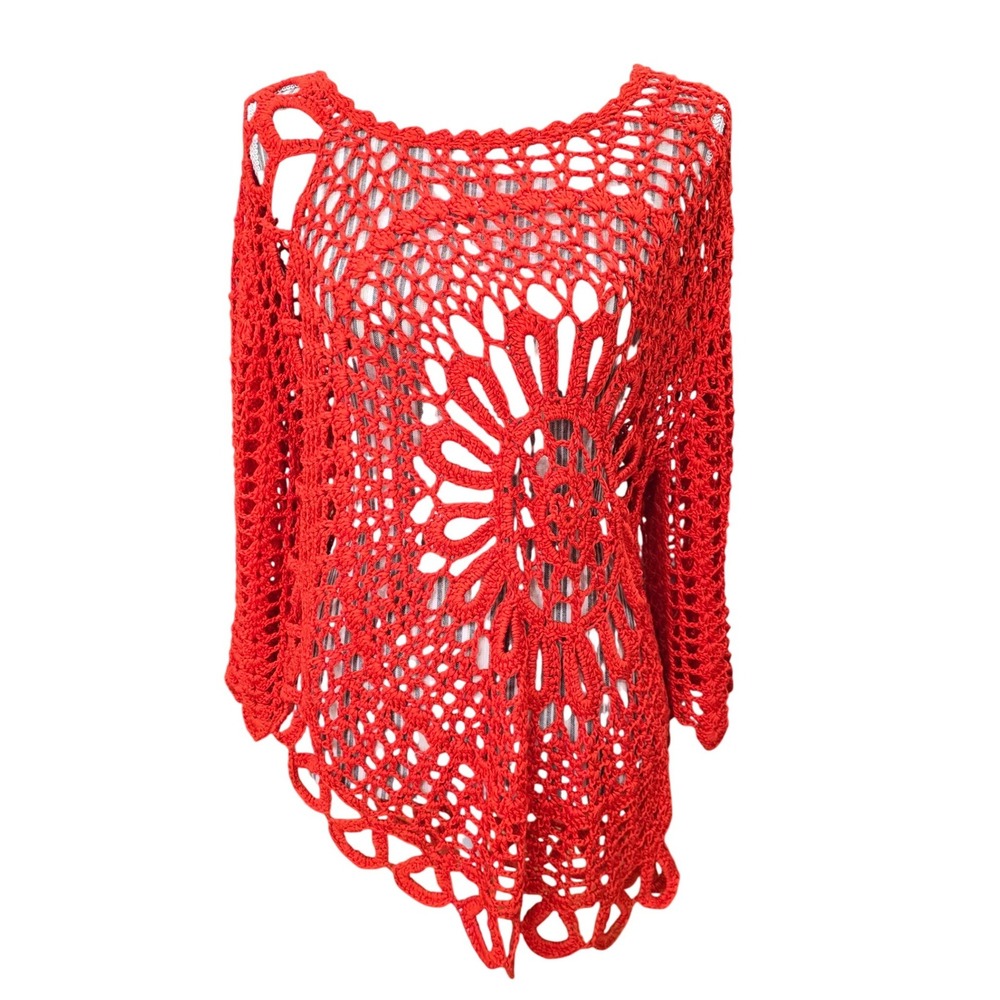 Roz & Ali Crochet Open Knit Asymmetrical Hem Top Large Beach Boho Festival - Picture 2 of 8